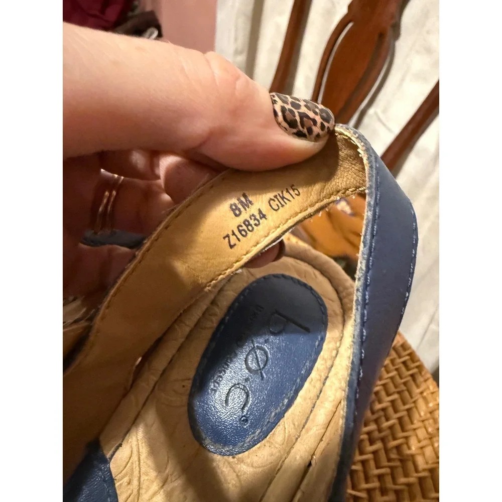 b.o.c. Born Concept Blue Leather Floral Cork Wedge Sandals Size 8M